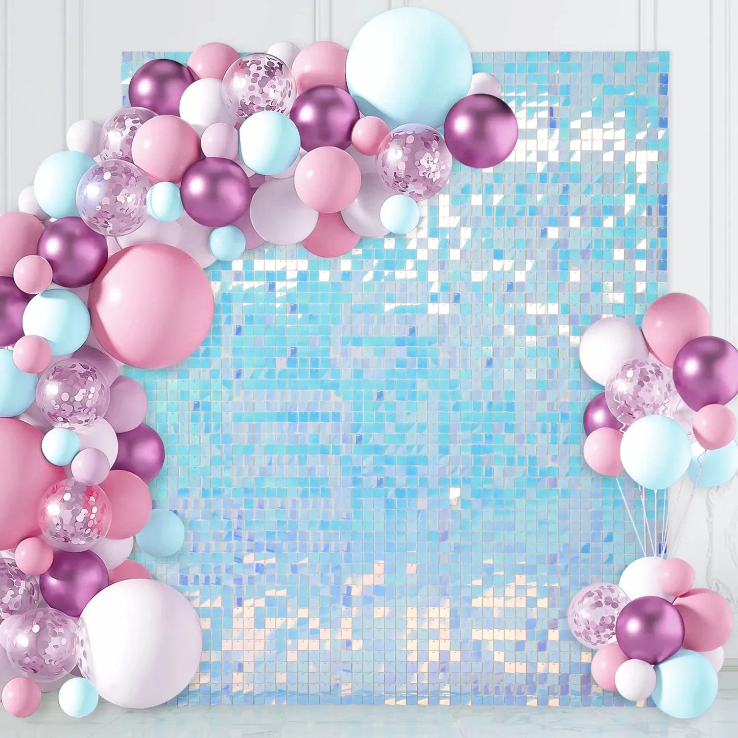 Square glitter wall background with 18 decorative panels sparkling. Photo background used for birthday party decoration