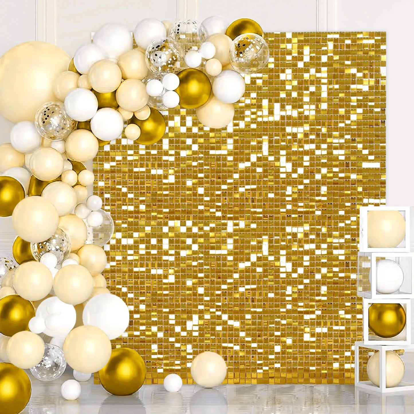 Square glitter wall background with 18 decorative panels sparkling. Photo background used for birthday party decoration