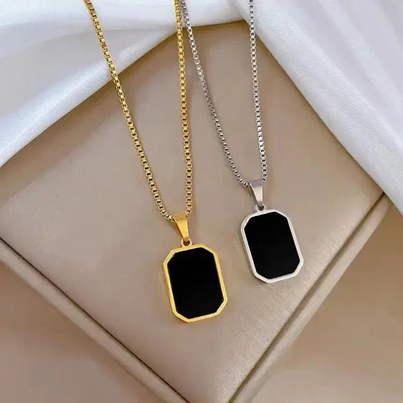 New Stylish Gold Color Geometric Square Necklaces for Women Men Black Enamel Rectangle Pendant Necklace Punk Party Jewelry Gift