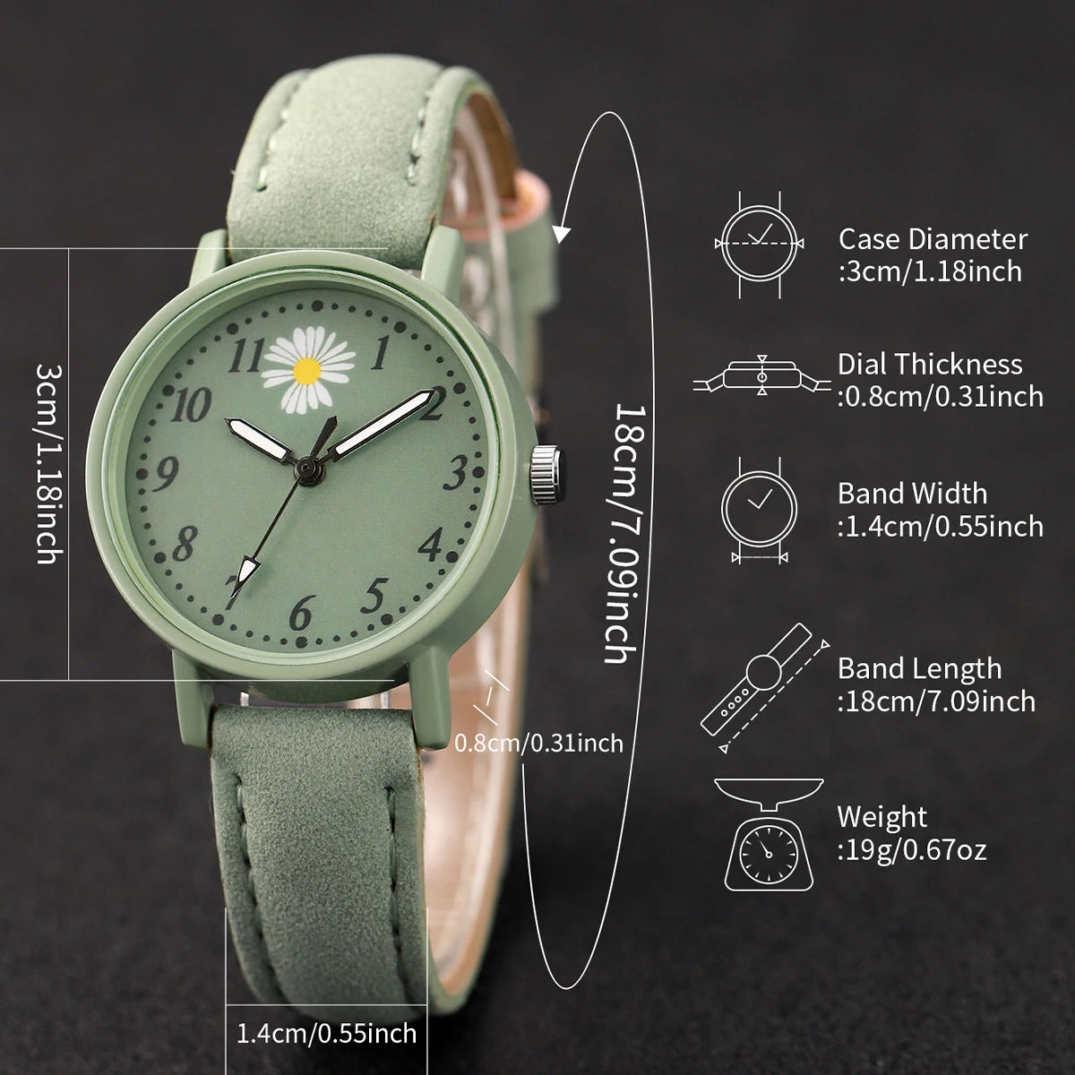 Fashion 2pcs/set Women's Daisy Dial Leather Watch&Green Flower Bracelet-Personality Boosted Product Simple & Sleek Design