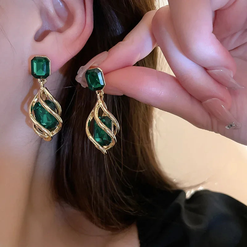 Korean Fashion Emerald Crystal Dangle Earrings for Women Trendy Gold Color Hollow Stud Earring Birthday Gifts Pendientes Mujer