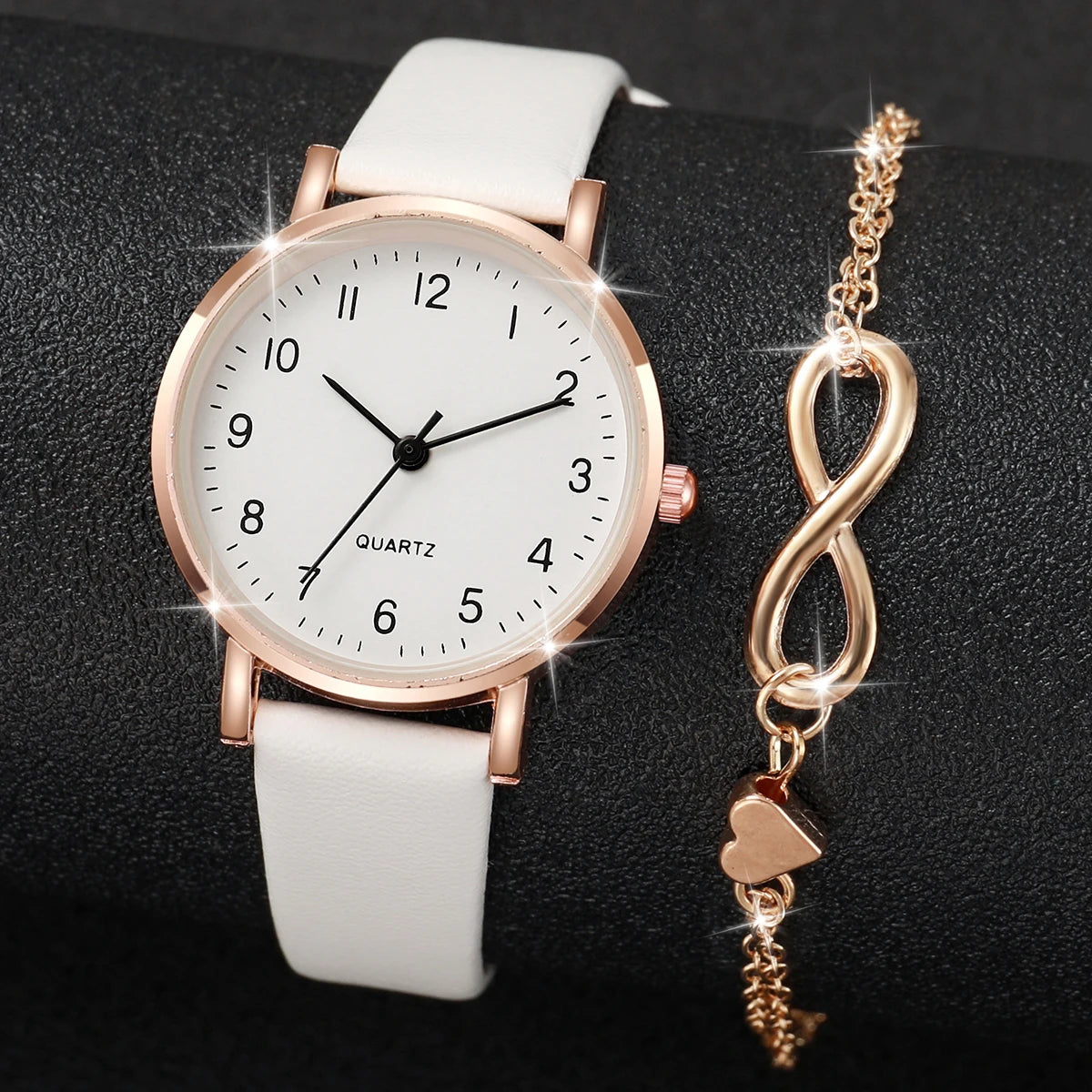 2pcs/set Women White Leather Strap Simple Quartz Watch Love Heart Bracelet Versatile  Elegant Design For Occasions