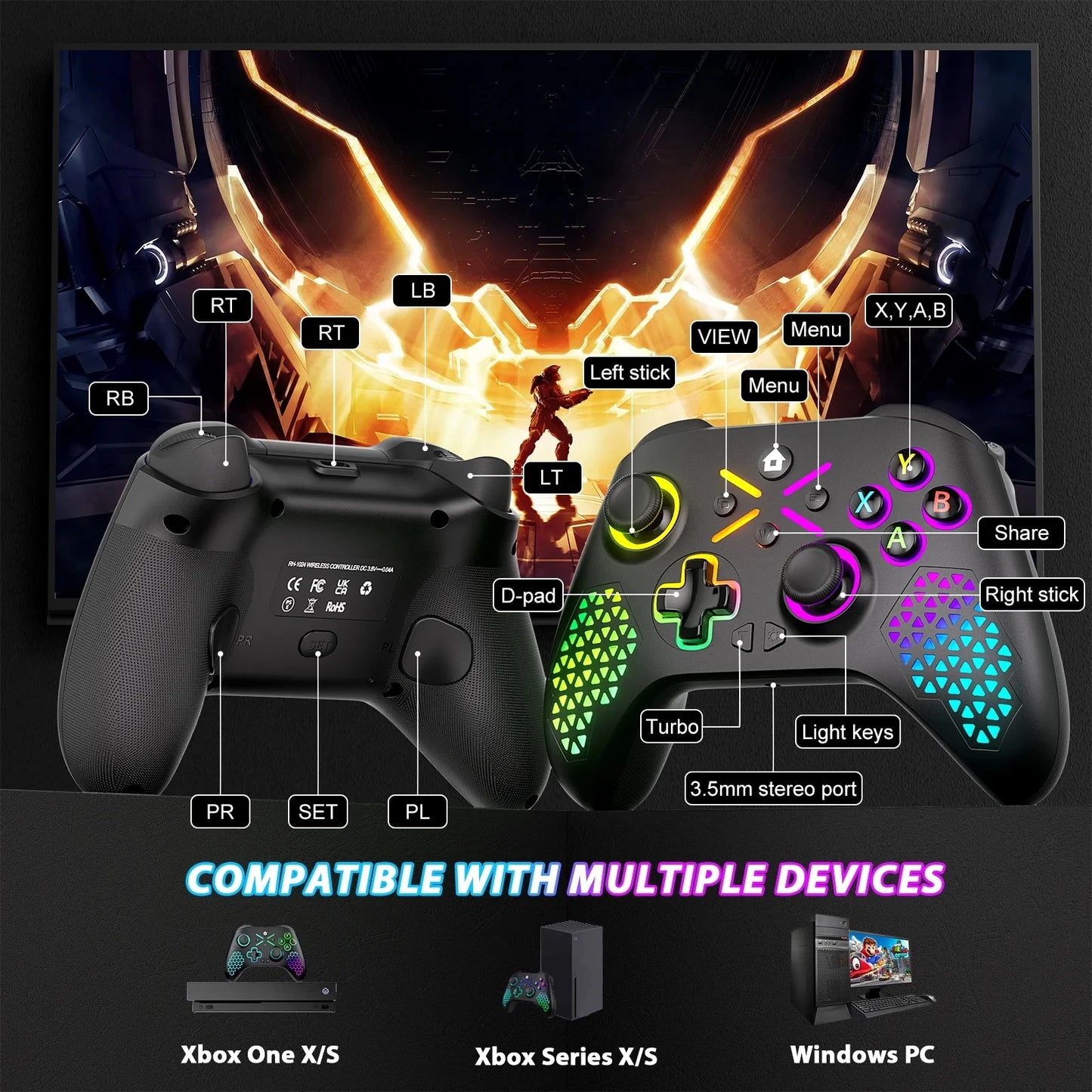 Wireless Xbox One Controller for Xbox with RGB LED Backlight Compatible with Xbox One, XboxOne X/S, Xbox Series X/S ,Windows PC