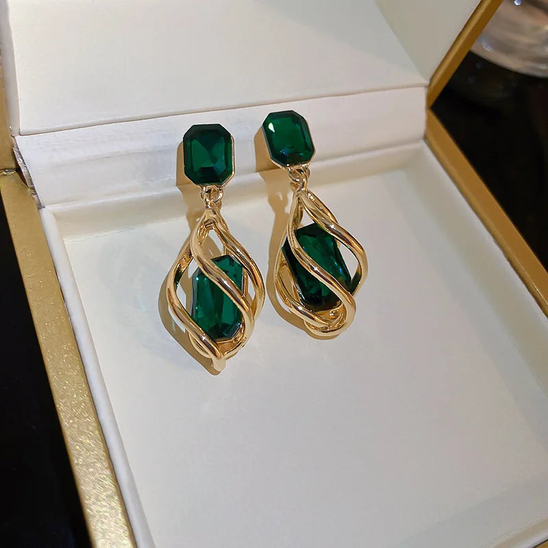 Korean Fashion Emerald Crystal Dangle Earrings for Women Trendy Gold Color Hollow Stud Earring Birthday Gifts Pendientes Mujer