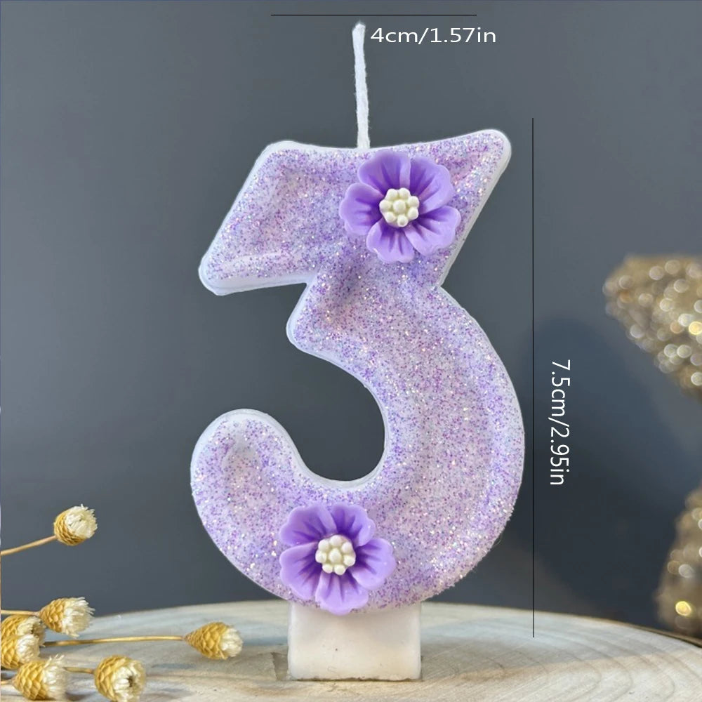 1pc Purple Sparkling Number Candles 0-9 Flower Cake Topper for Birthday Wedding Anniversary Party Cake Decoration Supplies
