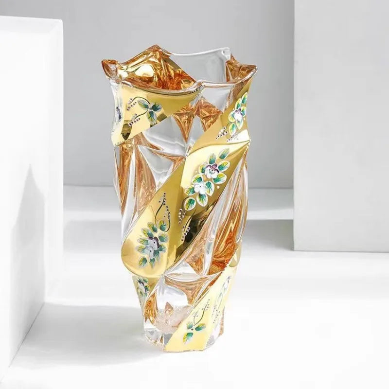Crystal Glass Vase Gold Painted Enamel European Style Decoration Housewarming Gift