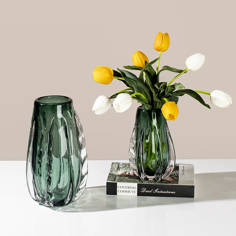 Green Glass Vase Transparent Thick Crystal Flower Arrangement Accessories Terrarium Pot Home Decoration