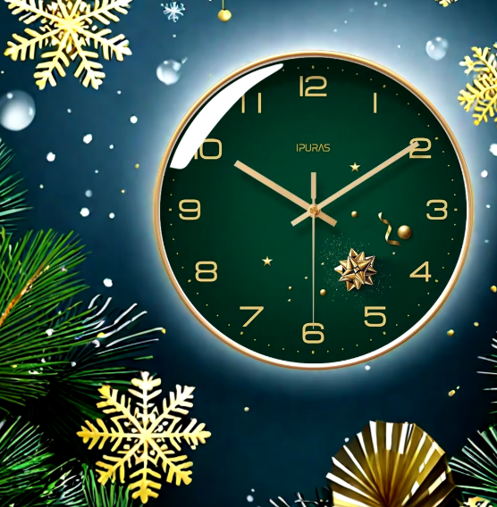 Christmas Green Wall Clock with Gold Star Twinkling Clocks Simple Home Decor Frame Mute Clock Living Room Decoration 10-14 Inch