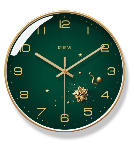 Christmas Green Wall Clock with Gold Star Twinkling Clocks Simple Home Decor Frame Mute Clock Living Room Decoration 10-14 Inch