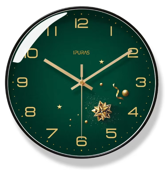 Christmas Green Wall Clock with Gold Star Twinkling Clocks Simple Home Decor Frame Mute Clock Living Room Decoration 10-14 Inch