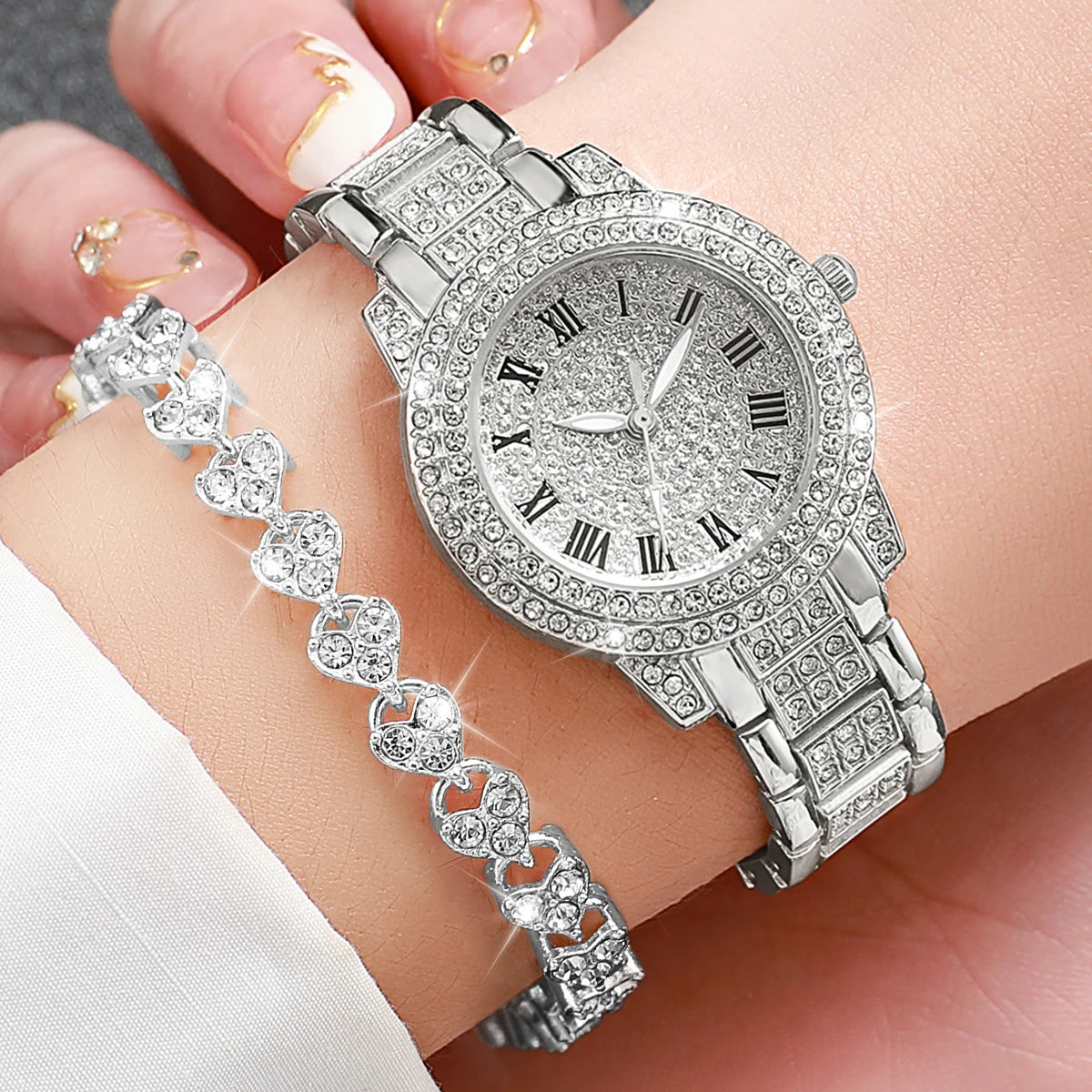 2pcs/set Women Stainless Steel Band Diamond Quartz Watch and Bracelet Set-Non Fadable & Best Selling Product
