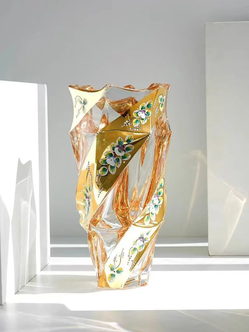 Crystal Glass Vase Gold Painted Enamel European Style Decoration Housewarming Gift