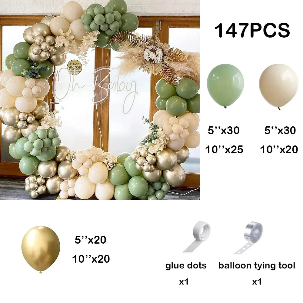 139Pcs Avocado Sage Green Balloons Arch Sand White Gold Balloon Garland Kit Jungle Safari Decor Baby Shower Birthday Party Decor