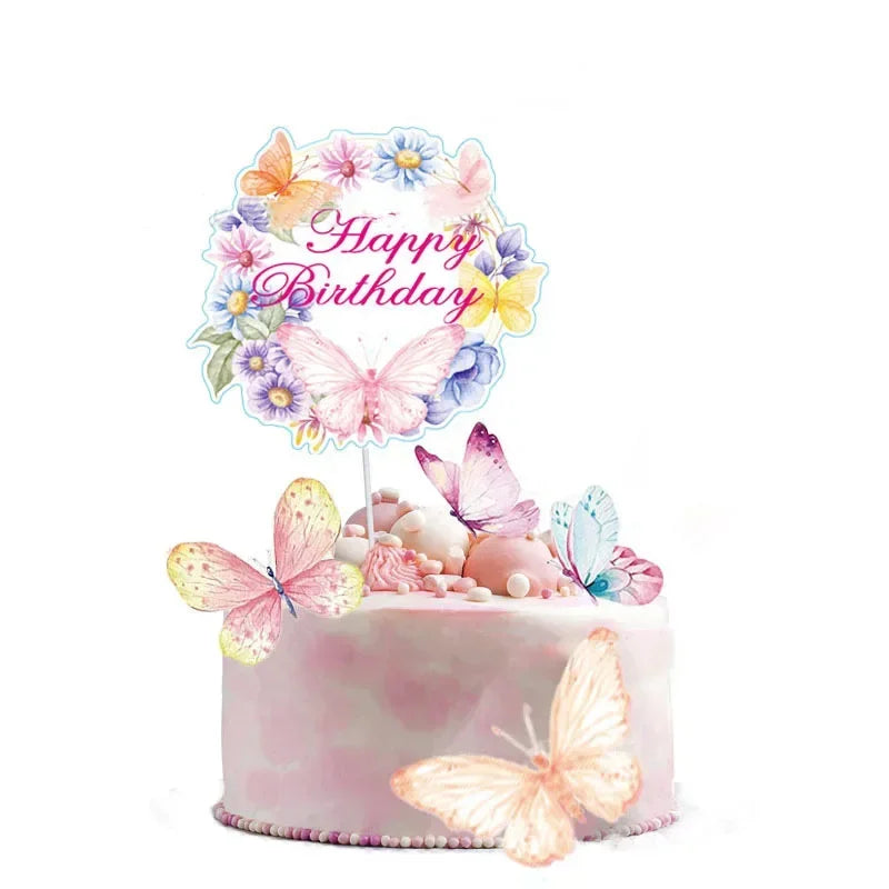 3D Butterfly Birthday Cake Dessert Decor Hollow Out Shiny Paper Butterfly Cake Topper Happy Goddess Girls Birthday Party Decors