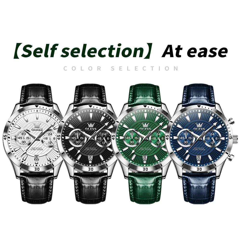 OLEVS NEW Men Watch Green Leather Strap Calendar 24 Hours Chronoscope Luminous Waterproof Wristwatch High Quality Men's Watches