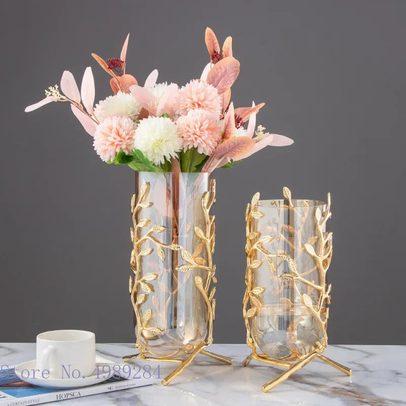 Glass Metal Vase Hollow Gold Metal Frame Branches Rattan Transparent Flower Vase Flower Arrangement Hydroponics Home Decoration