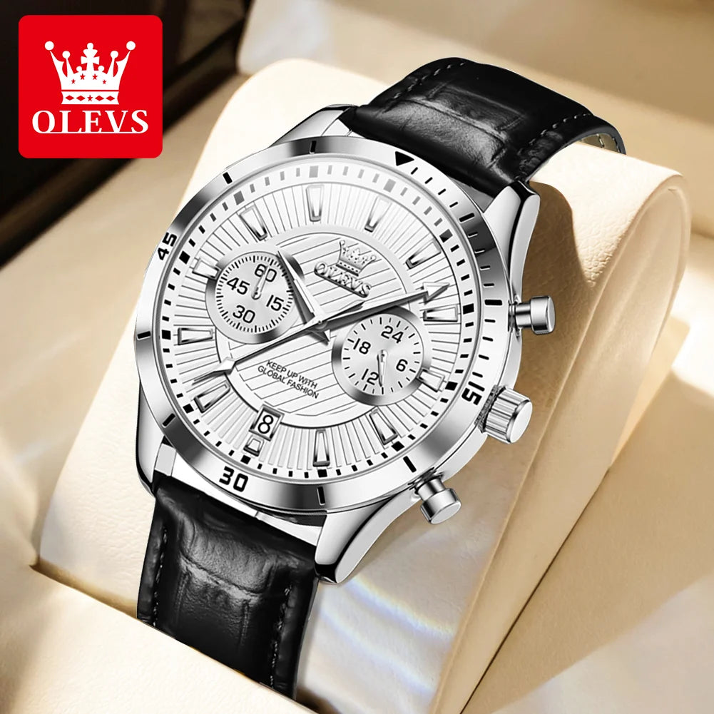 OLEVS NEW Men Watch Green Leather Strap Calendar 24 Hours Chronoscope Luminous Waterproof Wristwatch High Quality Men's Watches