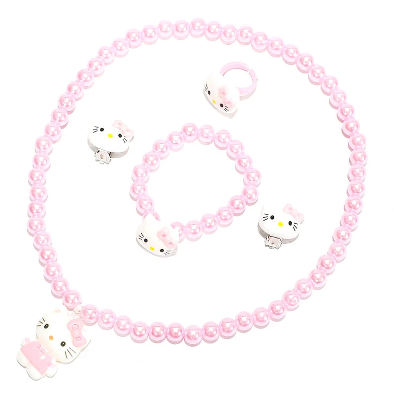 4pcs/set Sanrio Cartoon Hello Kitty Necklace Finger Ring Bracelet Set Kawaii For Girls Jewelry Accessories Birthday Gifts