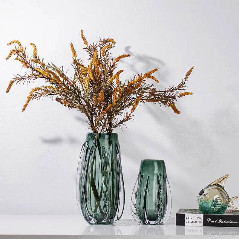 Green Glass Vase Transparent Thick Crystal Flower Arrangement Accessories Terrarium Pot Home Decoration