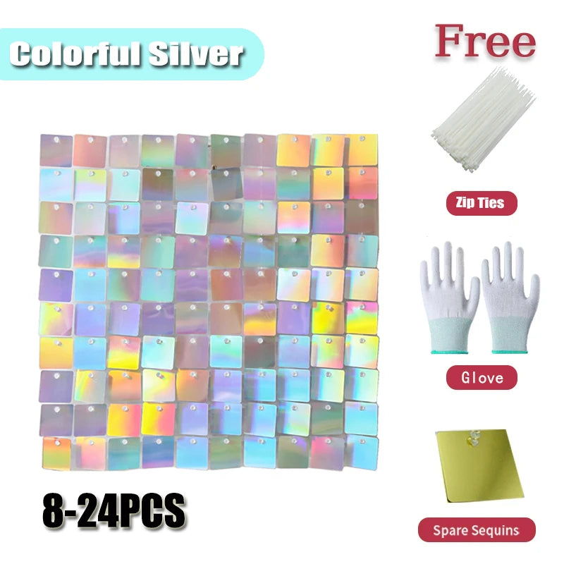 Square glitter wall background with 18 decorative panels sparkling. Photo background used for birthday party decoration