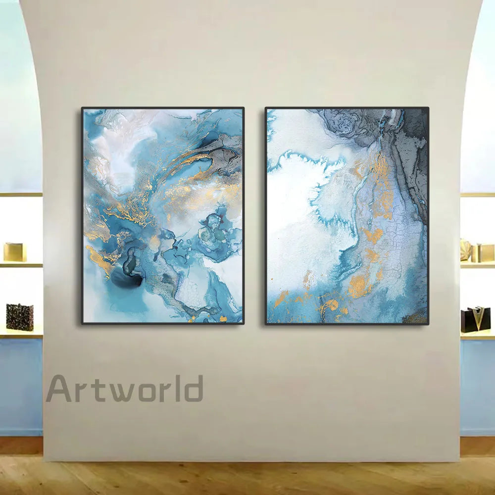 Blue Prints Abstract River Gold Texture Wall Art Canvas Painting Posters and Prints for Living Room Home Decoration