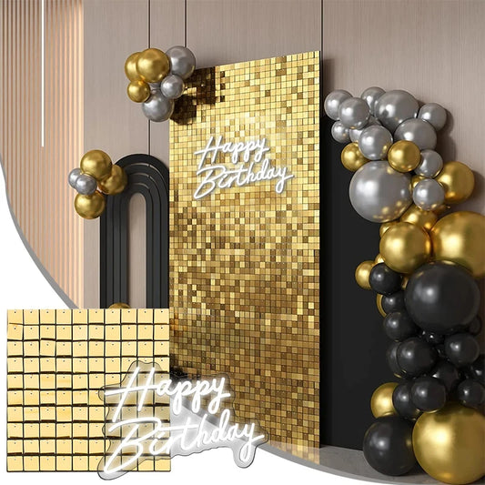 Square glitter wall background with 18 decorative panels sparkling. Photo background used for birthday party decoration