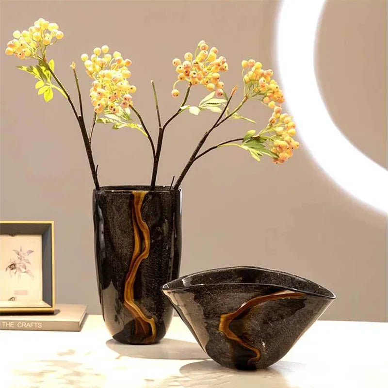 Black Glass Vase Crack Water Ripple Flower Pot Floral Arrangement Accessories Flowerpot Terrarium Room Decoration