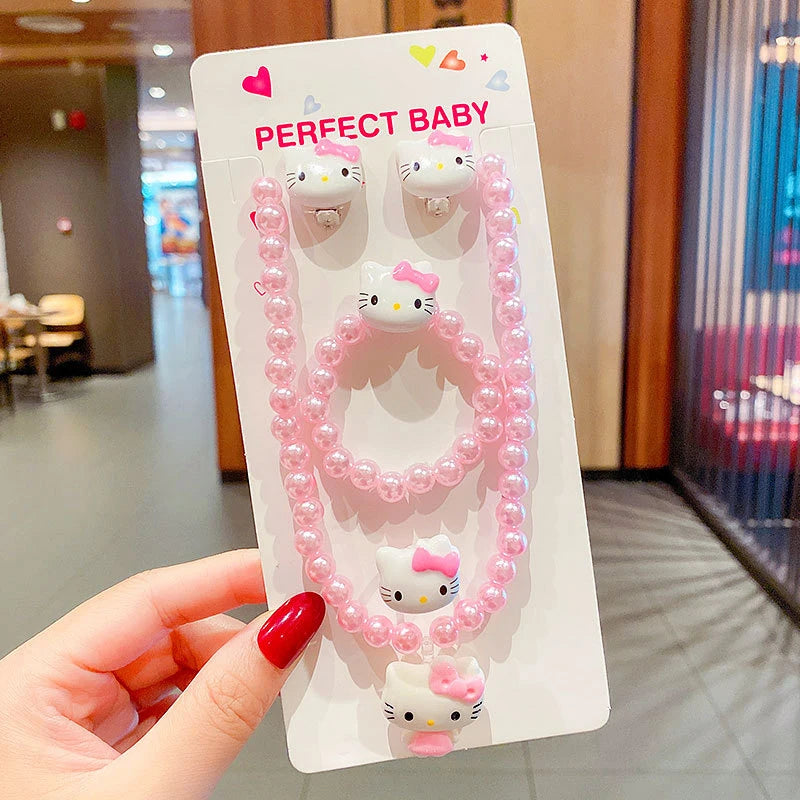 4pcs/set Sanrio Cartoon Hello Kitty Necklace Finger Ring Bracelet Set Kawaii For Girls Jewelry Accessories Birthday Gifts