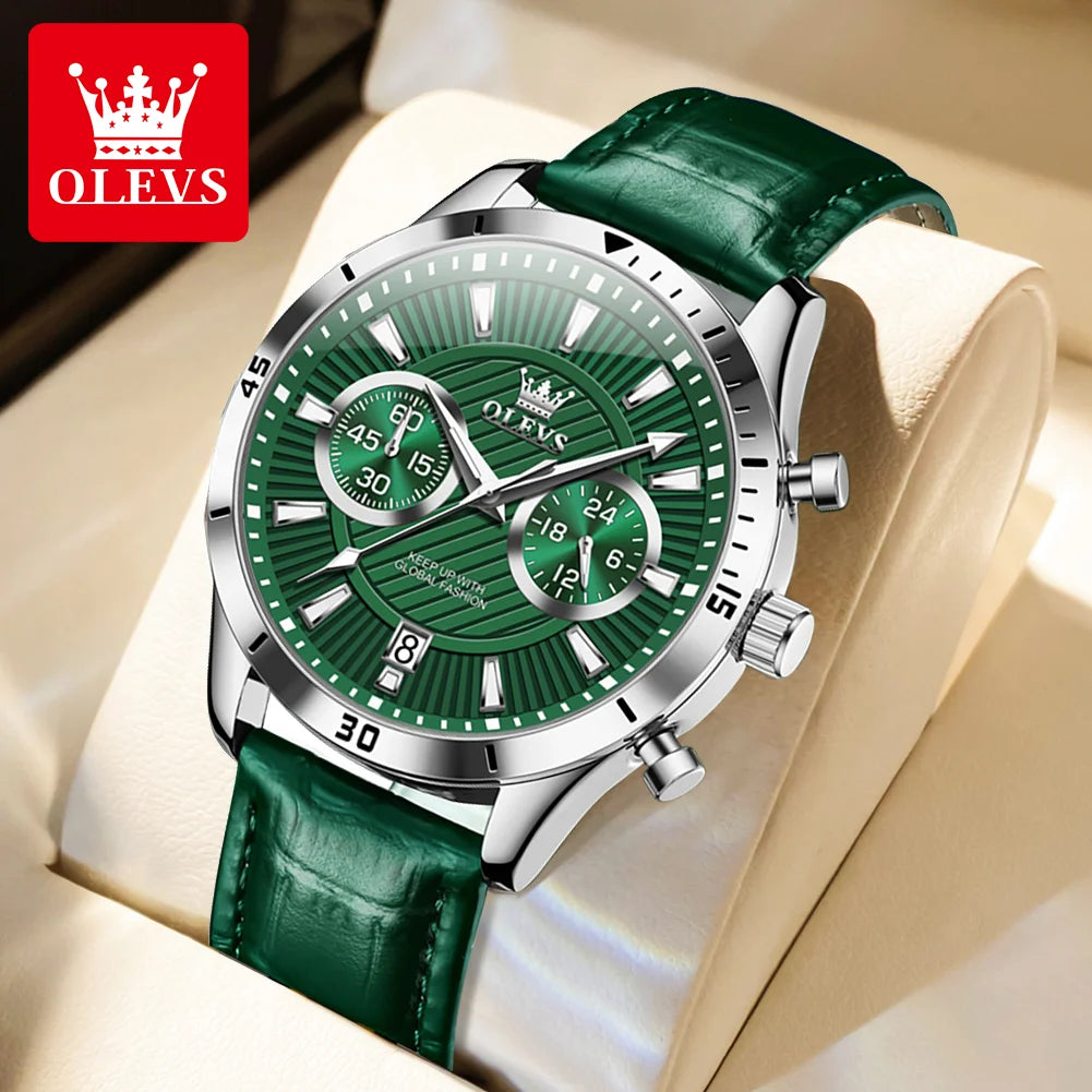 OLEVS NEW Men Watch Green Leather Strap Calendar 24 Hours Chronoscope Luminous Waterproof Wristwatch High Quality Men's Watches