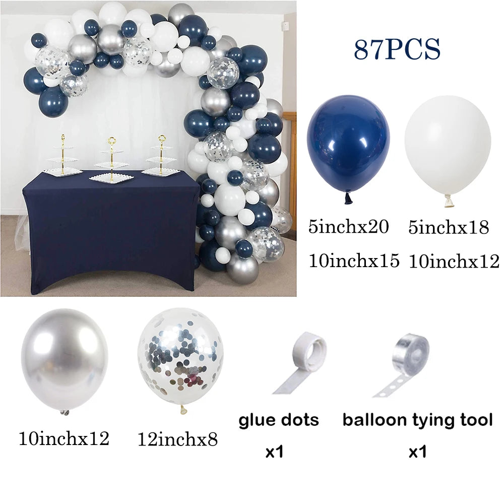 Navy Blue White Balloons Arch Garland Kit Silver Confetti Ballon First Birthday Party Decorations Graduation Wedding Baby Shower
