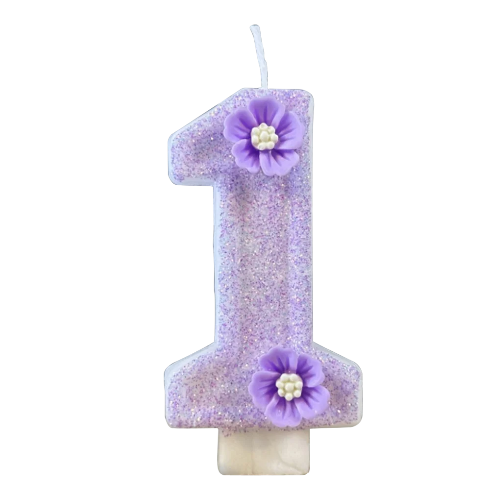 1pc Purple Sparkling Number Candles 0-9 Flower Cake Topper for Birthday Wedding Anniversary Party Cake Decoration Supplies