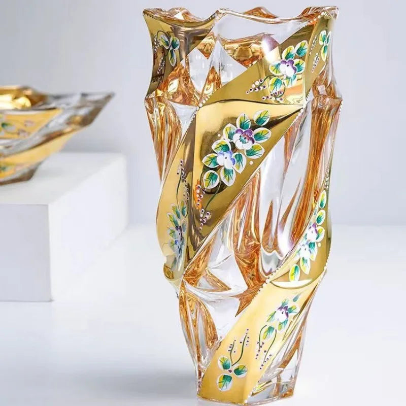 Crystal Glass Vase Gold Painted Enamel European Style Decoration Housewarming Gift