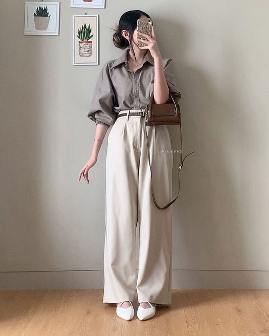 Neutral Chic Wide-Leg Pants with Brown Shirt