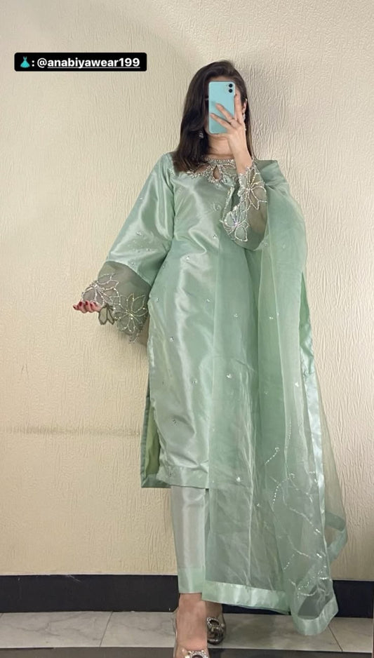 Pista Green Silk Suit | Elegant Party Wear for Women