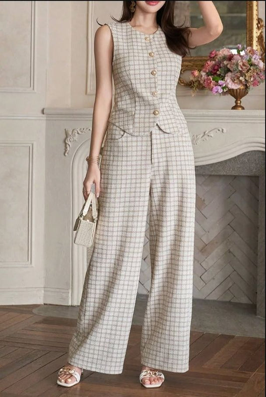 Elegant Off-White Check Print Shirt and Trouser Set