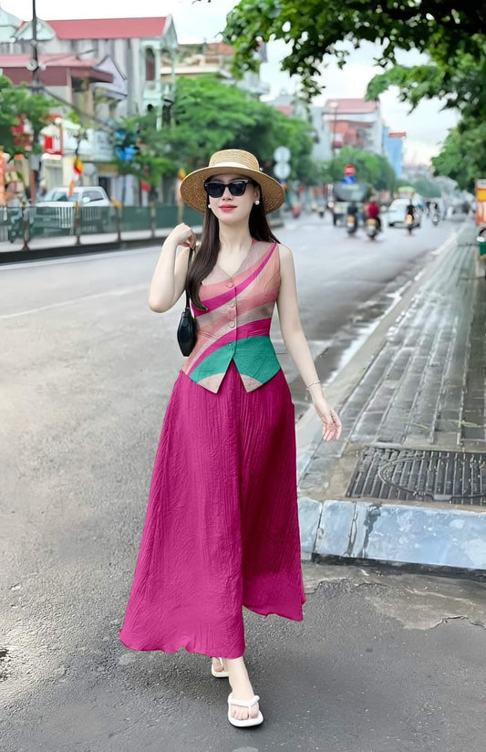 Vibrant Colorful Shirt with Pink Skirt